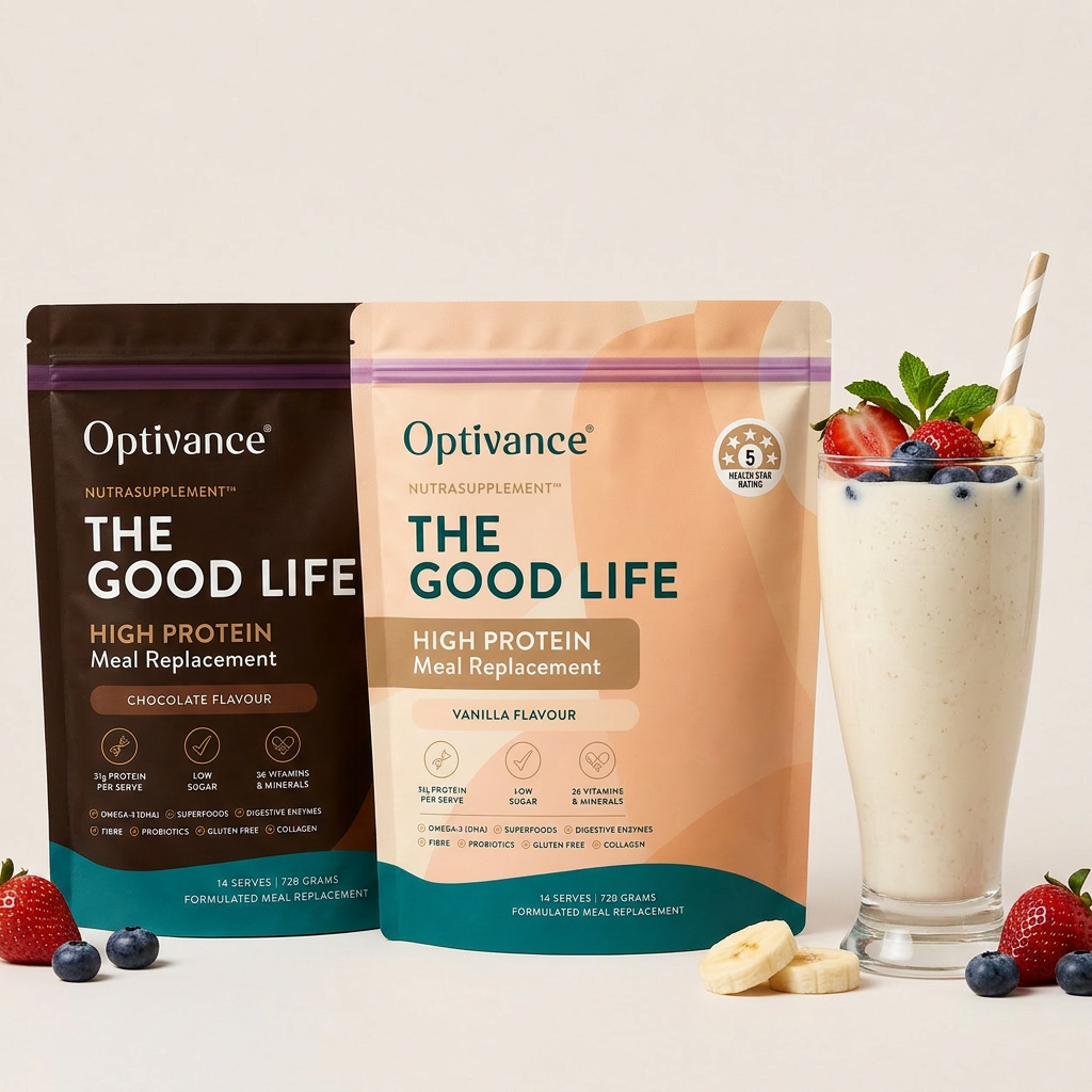 Optivance NutraSupplement Chocolate and Vanilla pouches with a fresh fruit smoothie
