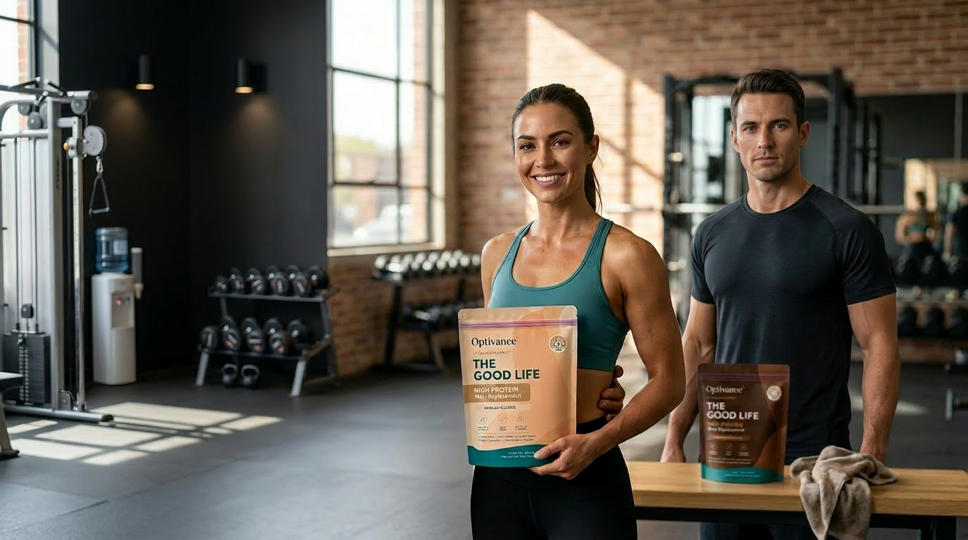 Active adult in a bright premium fitness or kitchen setting after light training, with an Optivance NutraSupplement shake.
