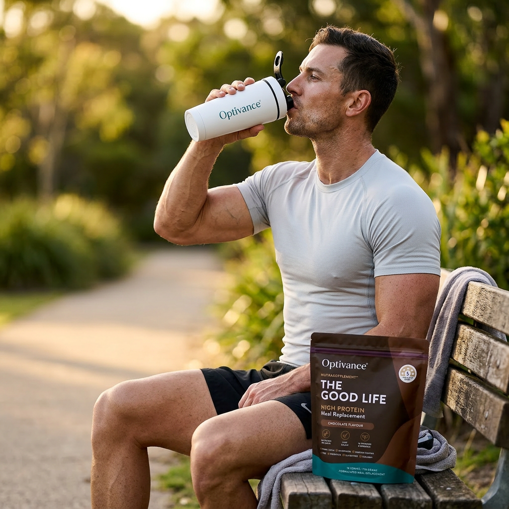 Active adult in a bright premium fitness or kitchen setting after light training, with an Optivance NutraSupplement shake.