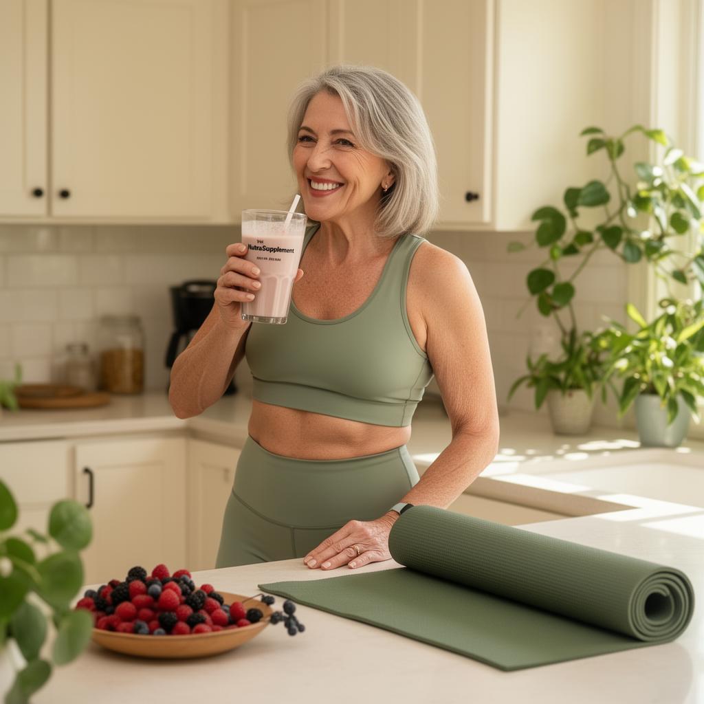 Confident adult aged 40–65 preparing an Optivance NutraSupplement shake in a bright kitchen.