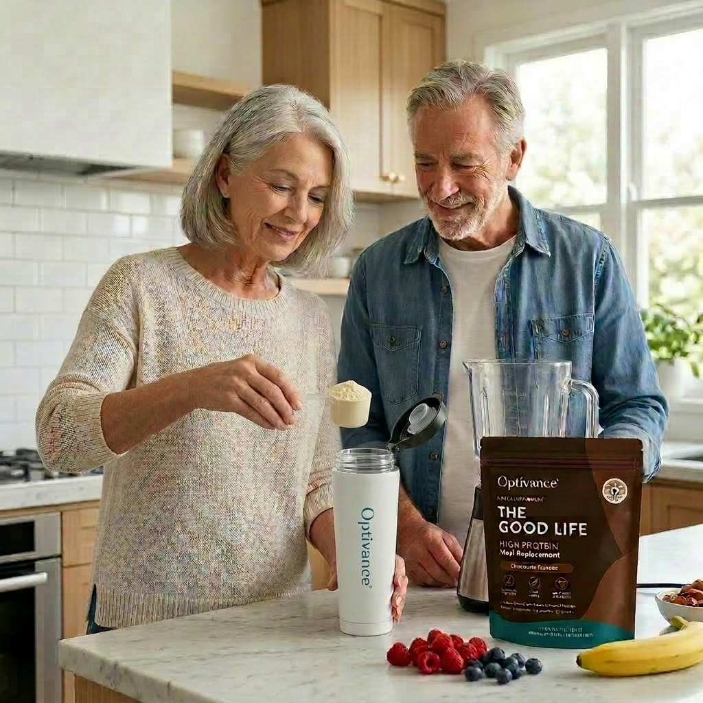 Elderly couple aged 65+ in a bright warm kitchen with an Optivance NutraSupplement shake and product pouches.