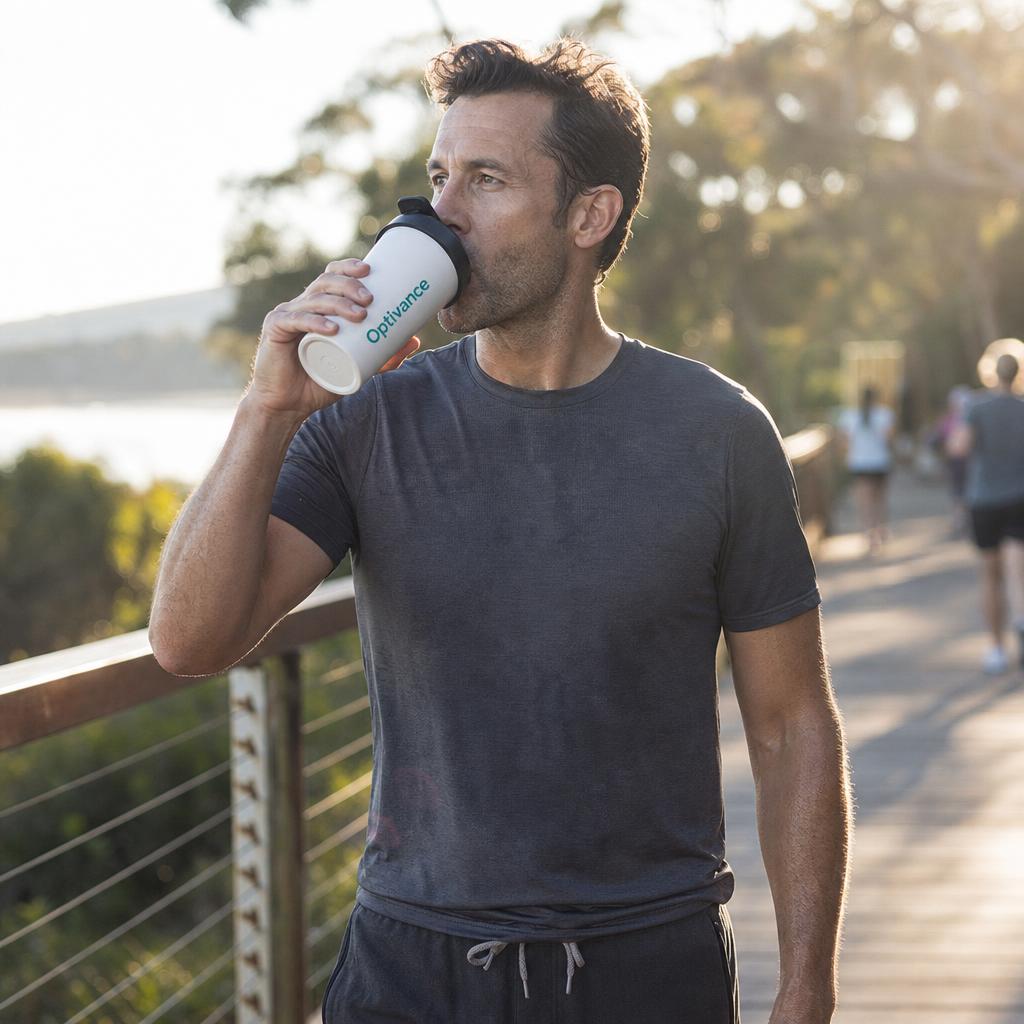 Man in a modern home kitchen scooping NutraSupplement powder into an Optivance shaker before work.