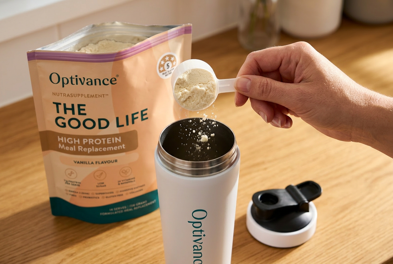 Scooping NutraSupplement into the Optivance shaker bottle.