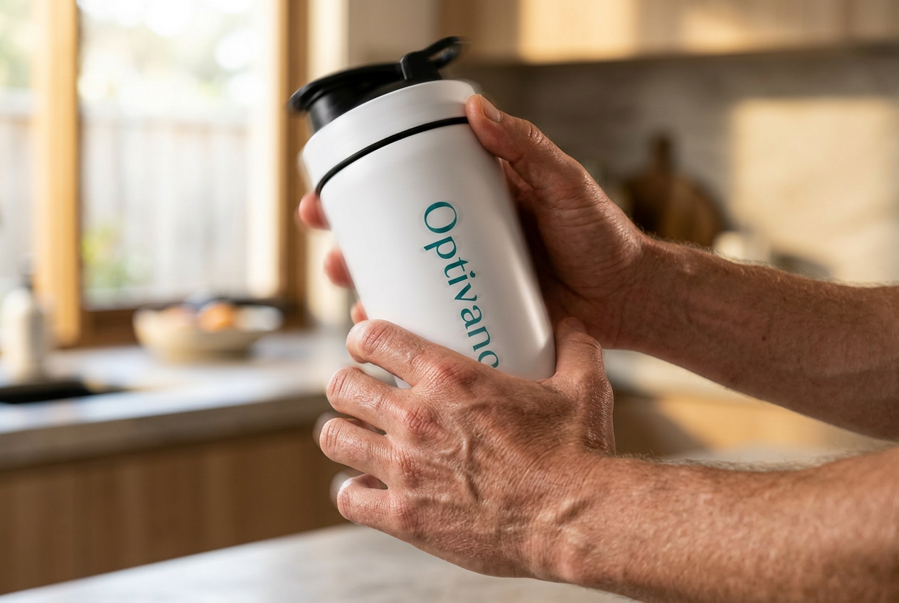 Hands shaking the Optivance shaker bottle in a bright kitchen.