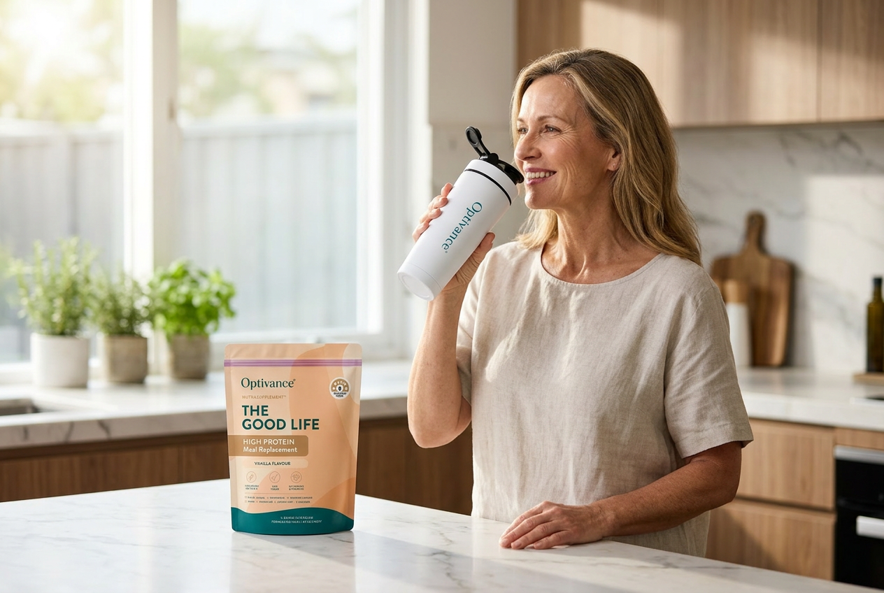 Vibrant woman in her 50s enjoying an Optivance shake as a nourishing daily meal.