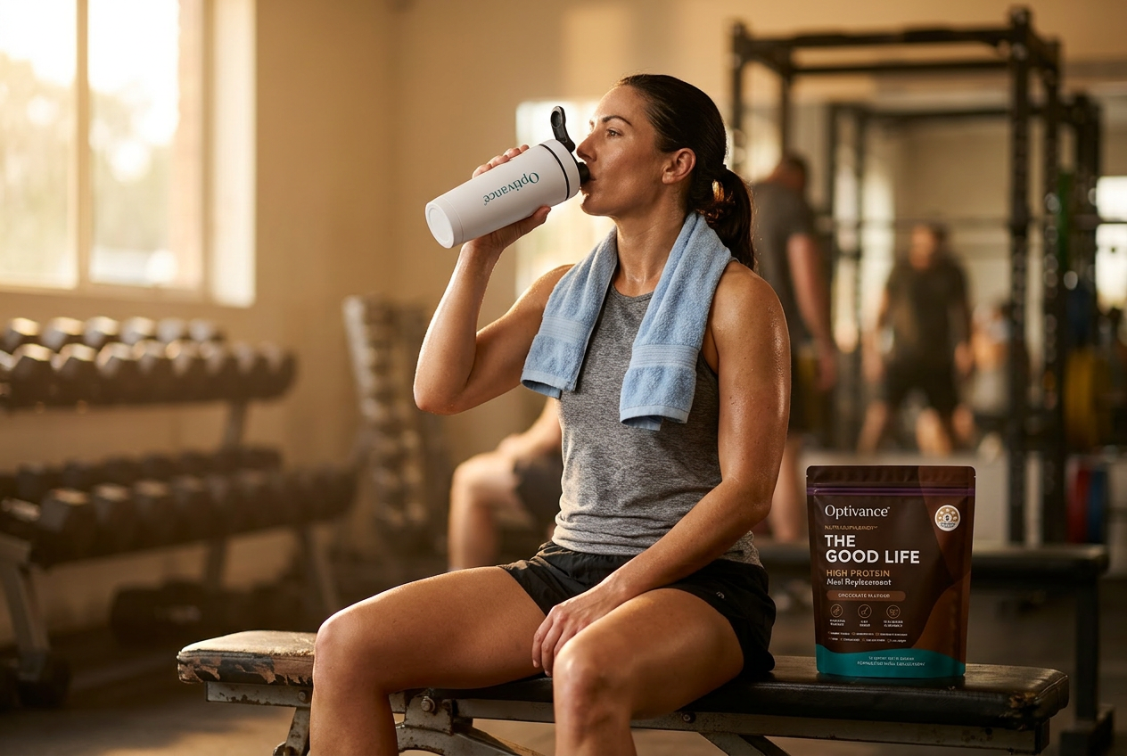 Active person enjoying an Optivance shake as a nourishing post-workout meal.