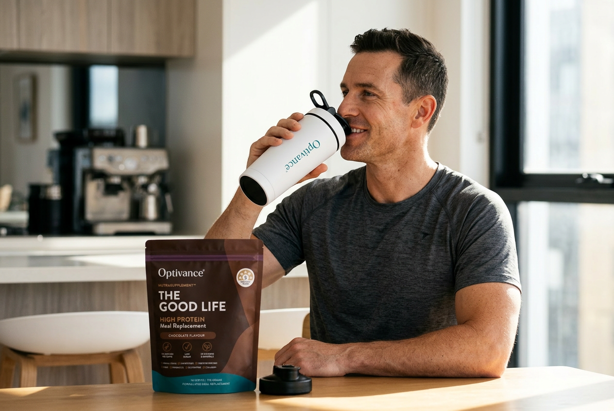 Man enjoying his Optivance shake as a nourishing meal at the kitchen table.