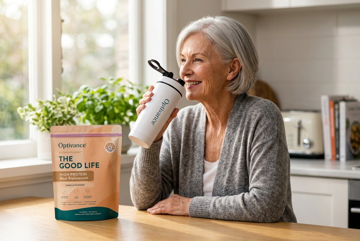 Active senior woman enjoying an Optivance shake as a nourishing daily meal.