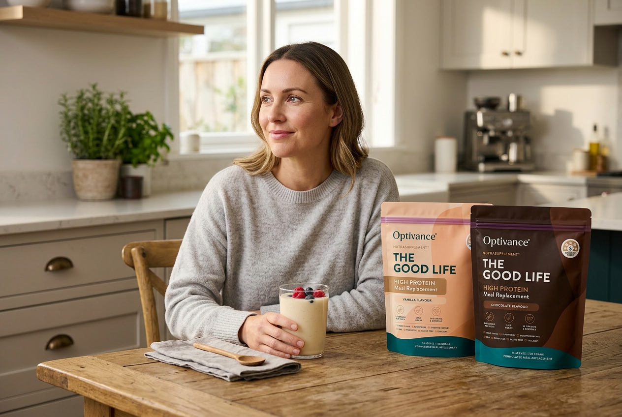 Woman enjoying her Optivance shake as a nourishing meal at the kitchen table.