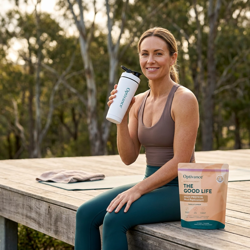 Woman in a bright modern kitchen holding an Optivance shaker with Vanilla and Chocolate NutraSupplement pouches beside her.